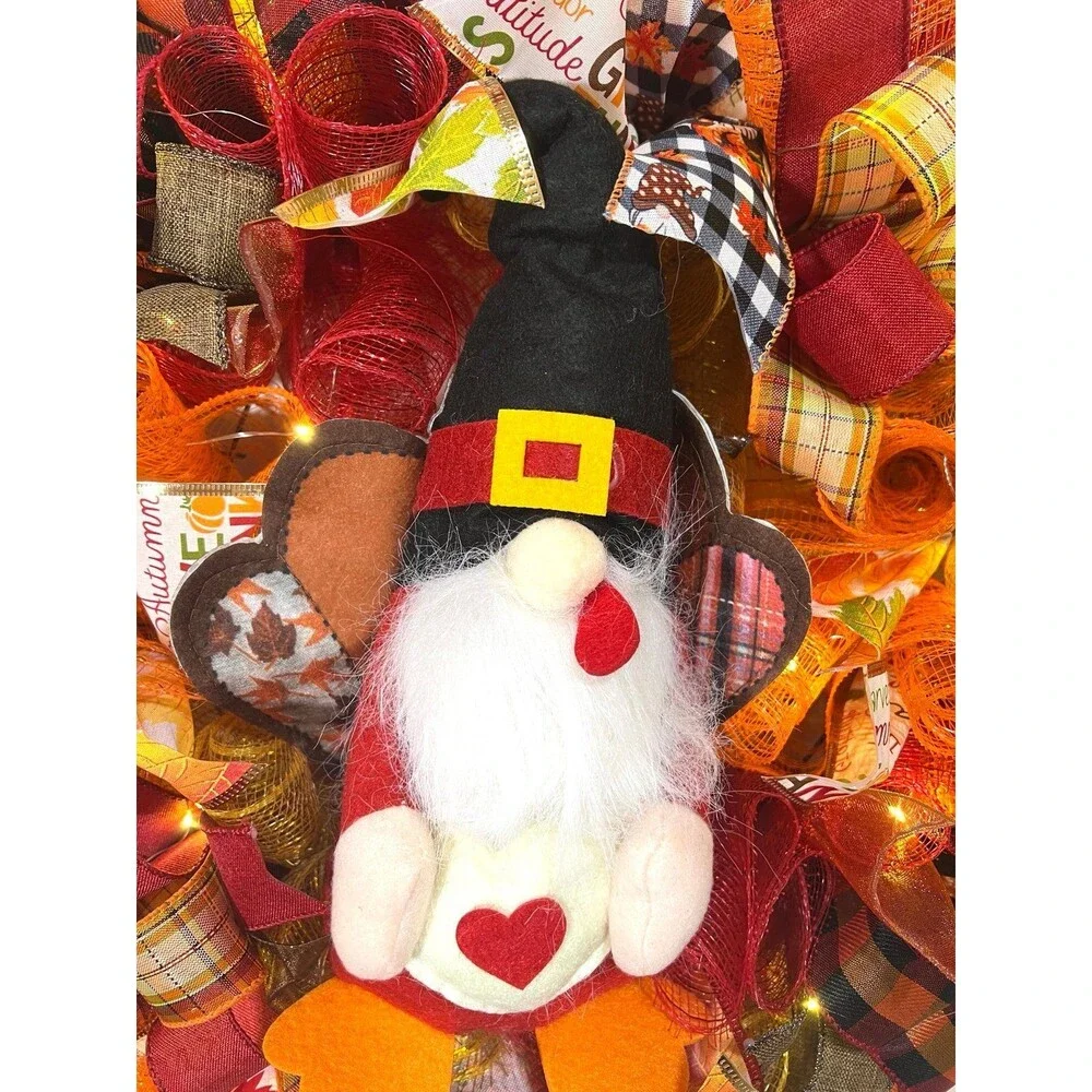Handmade Thanksgiving Turkey Gnome Ribbon Welcome Door Wreath Leaf 22 in LED